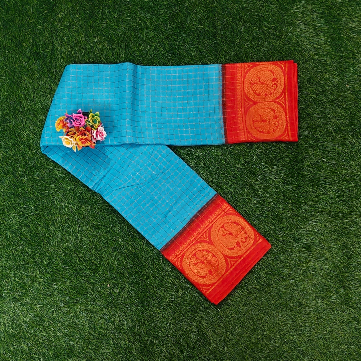 Authentic Sky Blue Checked Cotton Saree with Contrast Zari Border