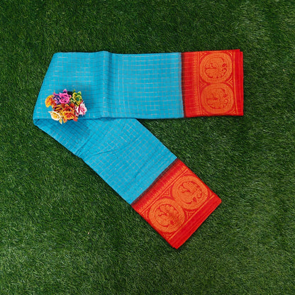 Authentic Sky Blue Checked Cotton Saree with Contrast Zari Border