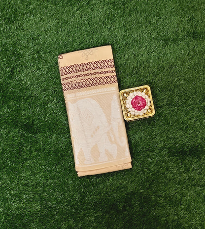 Beige Kolam Design Sungudi Cotton Saree with Silver Zari Border