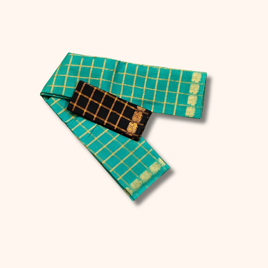 Pavithra Kattam Sungudi Cotton Saree – Teal Blue with Gold Checks & Traditional Motif Border