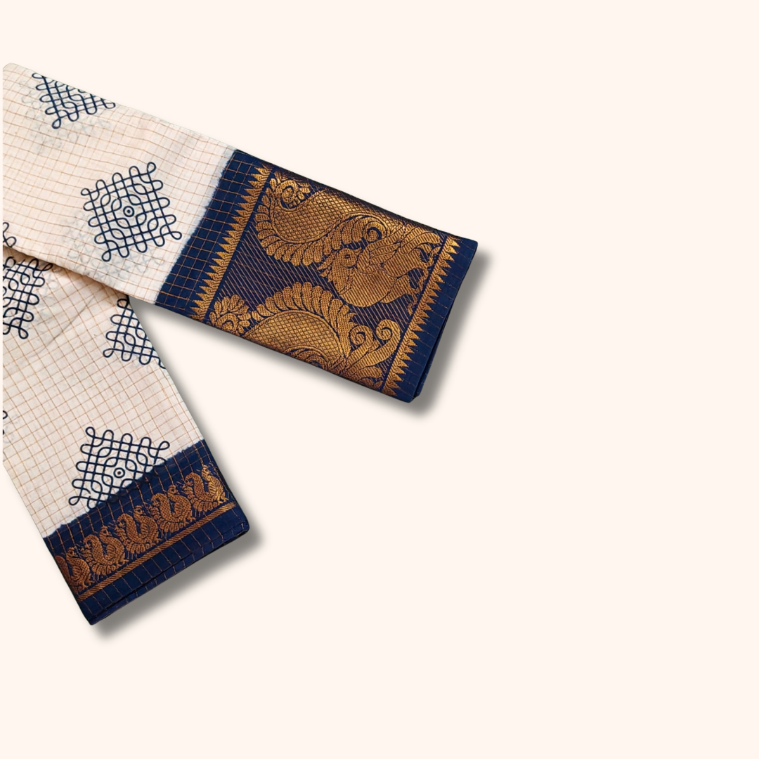 White Checked Kolam Design Sungudi Saree with Navy Blue Border – No Blouse