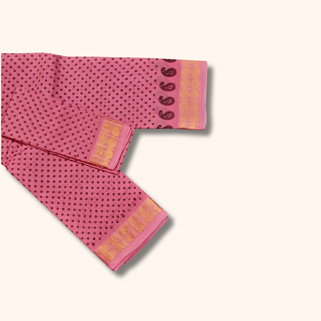 Baby Pink Printed Sungudi Cotton Saree with Separate Blouse Piece