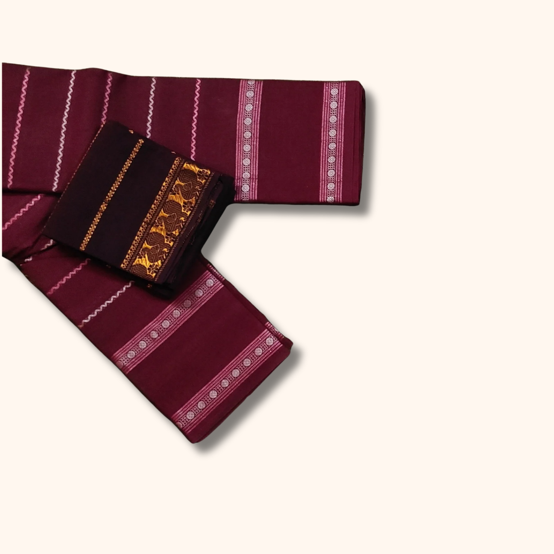 Wine Sungudi Cotton Saree with Silver Zari Border & Coffee Brown Separate Blouse