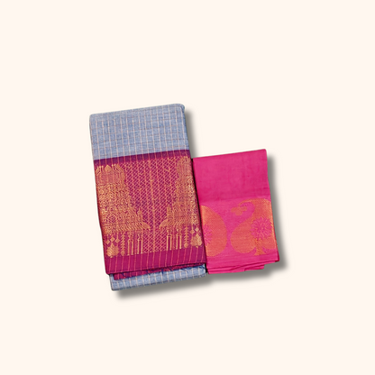 Sky Blue Temple Border Chettinad Cotton Saree with Pink Blouse Piece