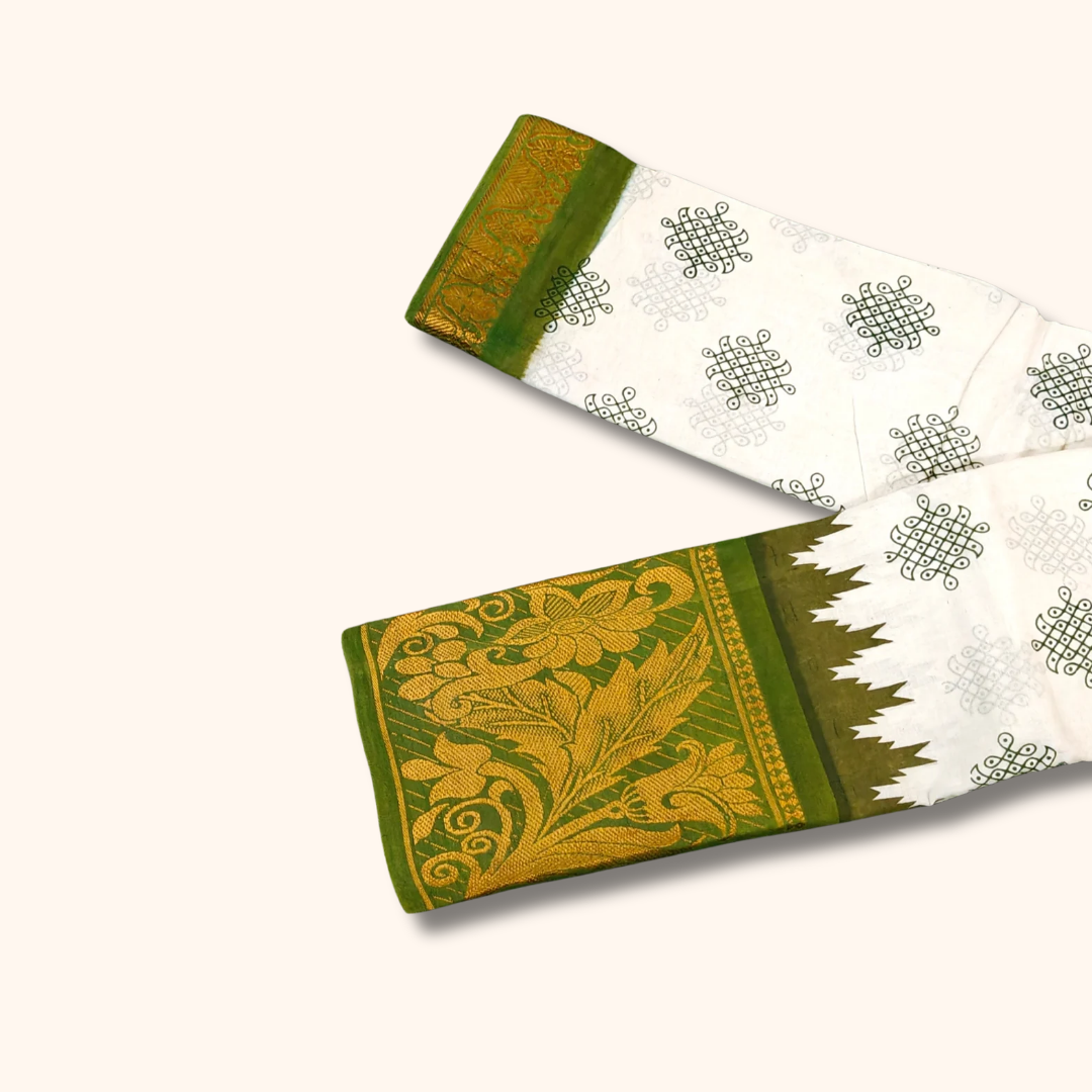 Cream Sungudi Cotton Saree with Olive Green Floral Zari Border