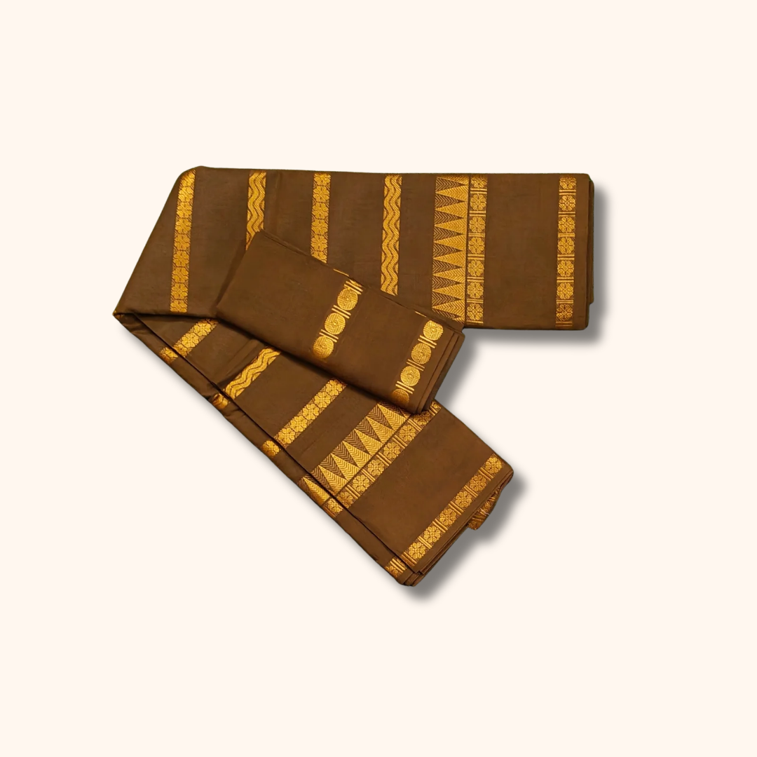 Coffee Brown Pure Sungudi Cotton Saree with Gold Zari Stripes - Separate Blouse
