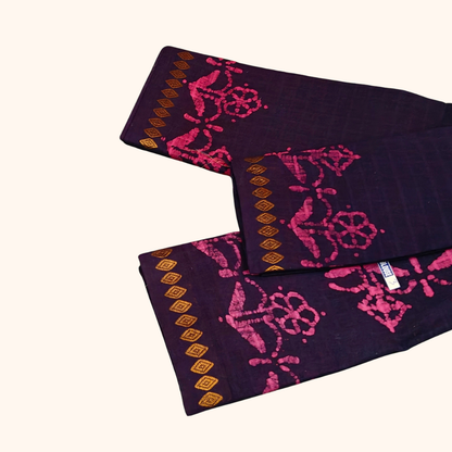 Deep Purple Sungudi Cotton Saree with Pink Batik Floral Design & Matching Blouse Piece