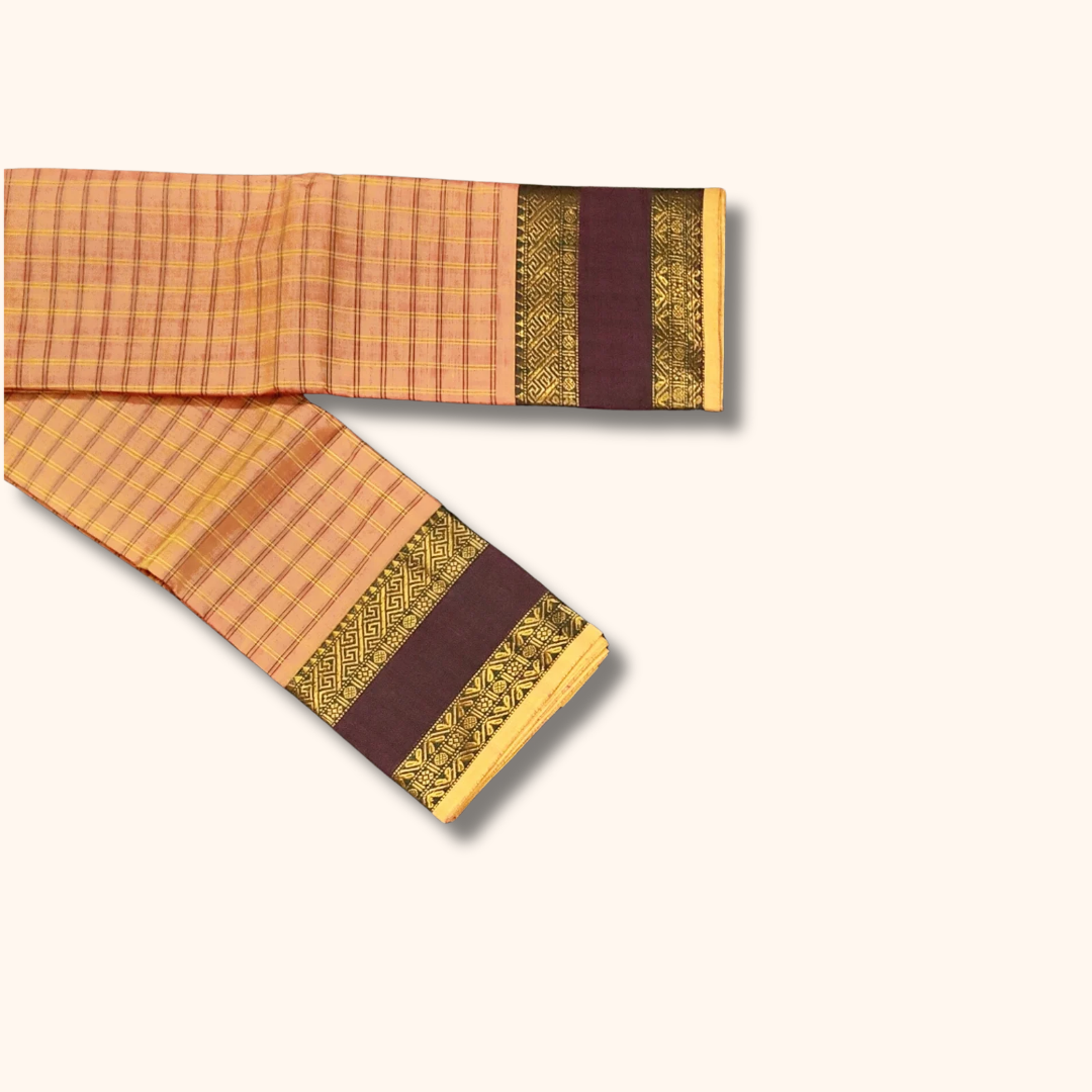 Mustard Yellow Checked Chettinad Cotton Saree with Wine Purple Border