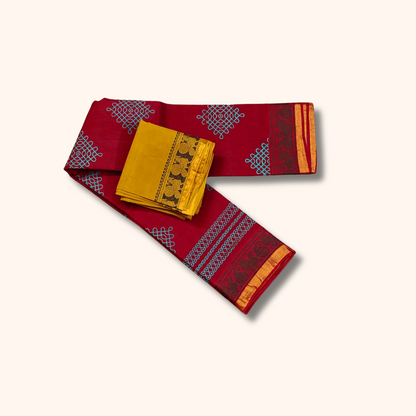 Maroon Sungudi Cotton Saree with Kolam Motifs & Mustard Yellow Blouse Zari Border