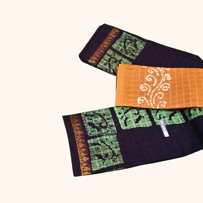 Dark Ink Blue Sungudi Cotton Saree with Traditional Batik Motifs & Contrast Mustard Blouse Piece