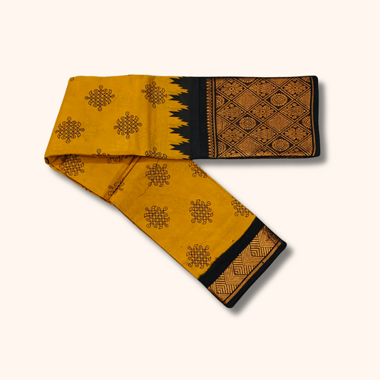 Mustard Kolam Print Cotton Saree with Black Designer Border