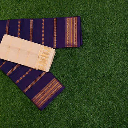 Royal Purple Cotton Saree with Off-White Contrast Border & Separate Blouse
