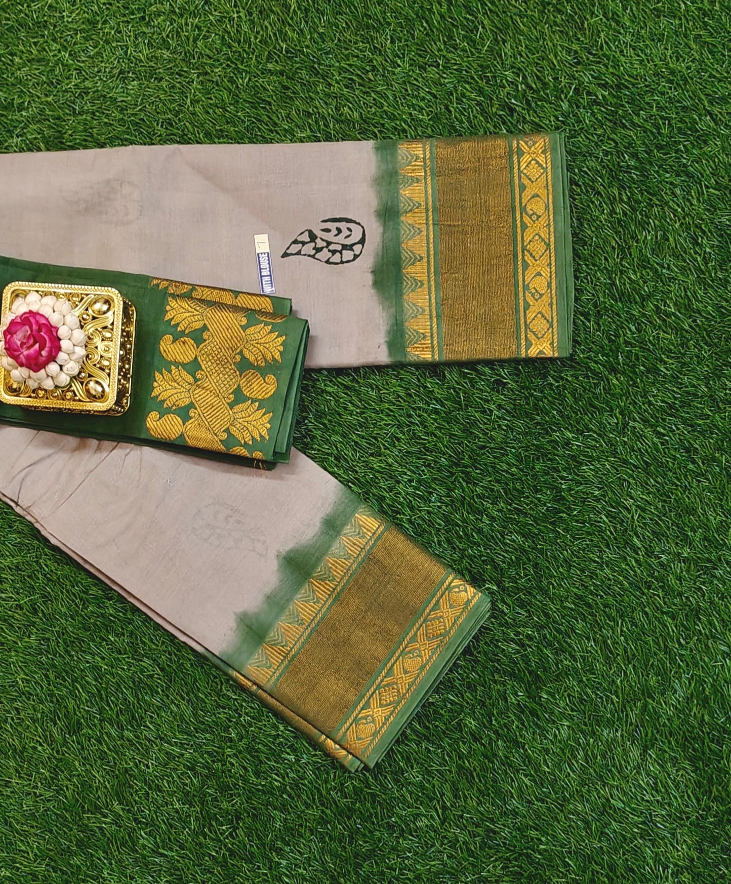 Beautiful Grey Sungudi Cotton Saree with Green Zari Border & Contrast Blouse