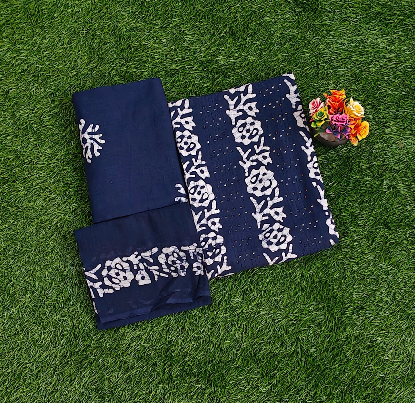Blue Sungudi Cotton Chudidar Material Set with Floral Batik Prints