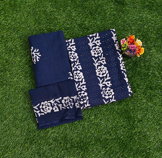 Blue Sungudi Cotton Chudidar Material Set with Floral Batik Prints