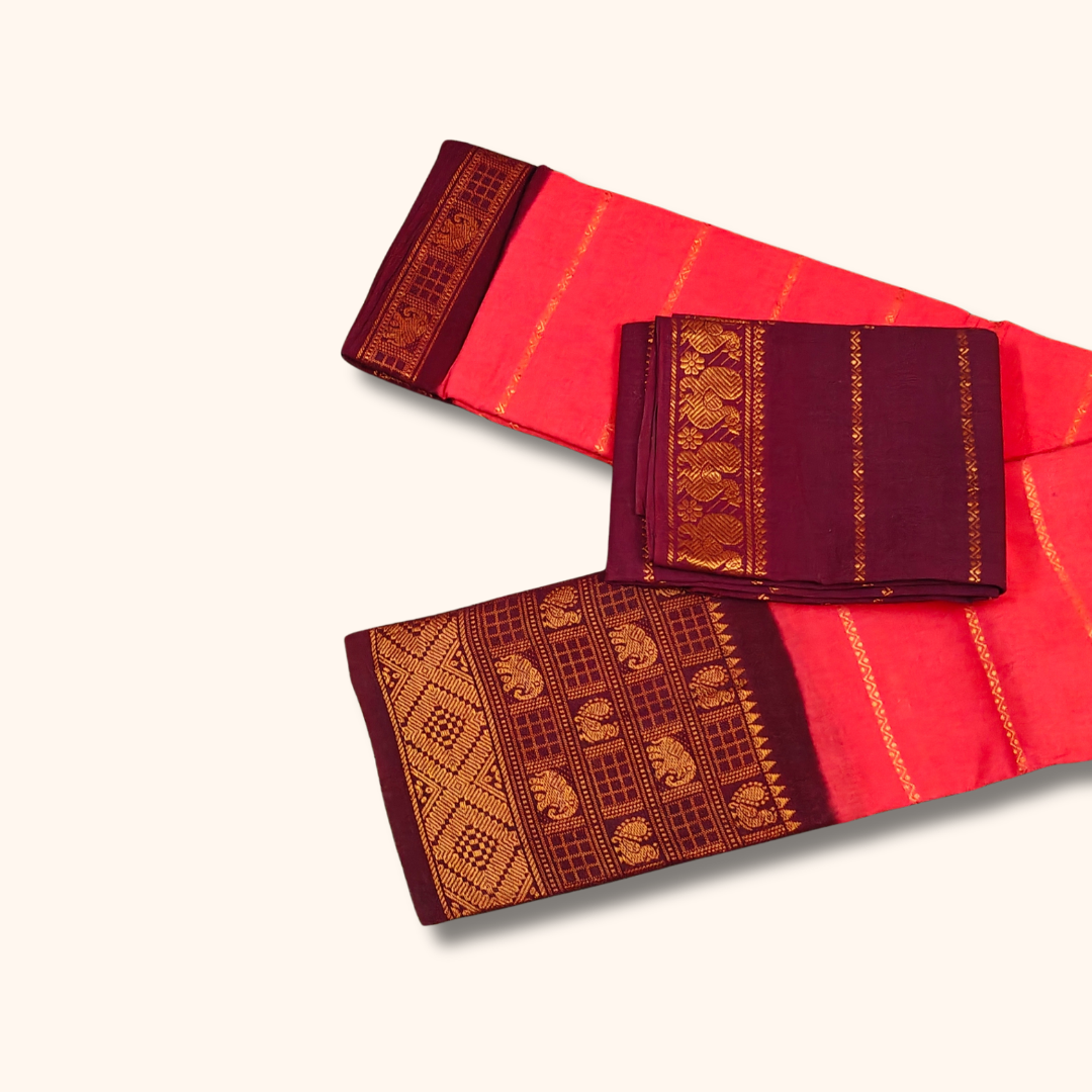 Coral Pink Sungudi Cotton Saree with Maroon Contrast Blouse