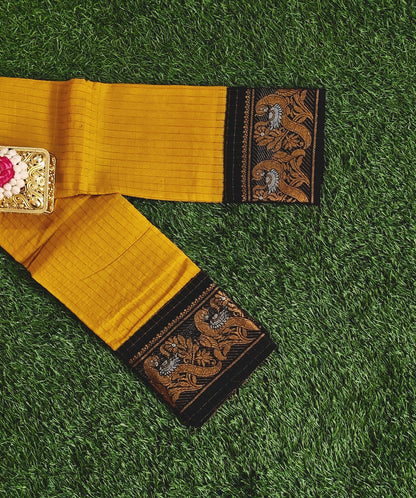 Mustard Yellow Sungudi Cotton Saree with Gold Zari Checks & Black Zari Border