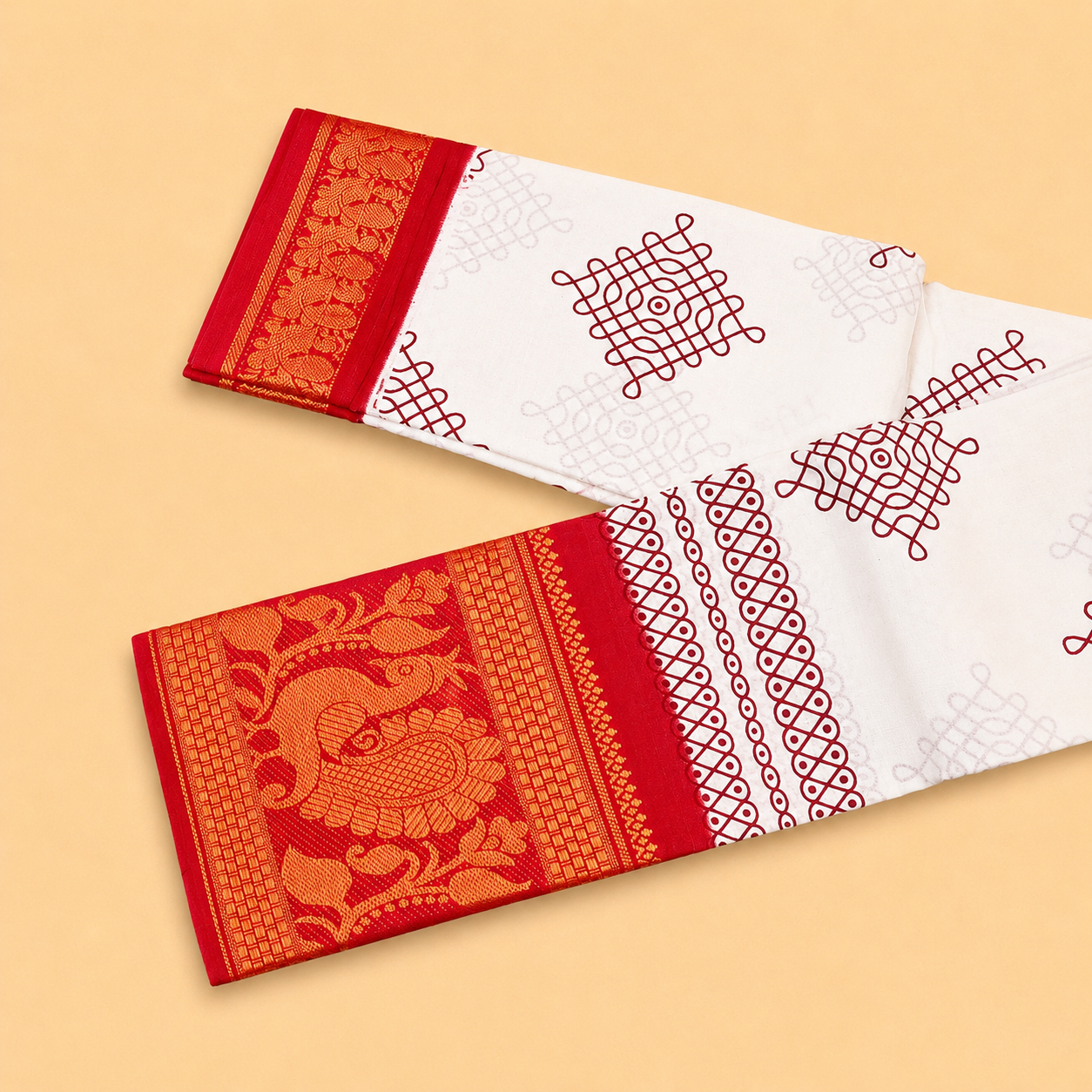 Attractive White Printed Cotton Saree with Bright Red Designer Border