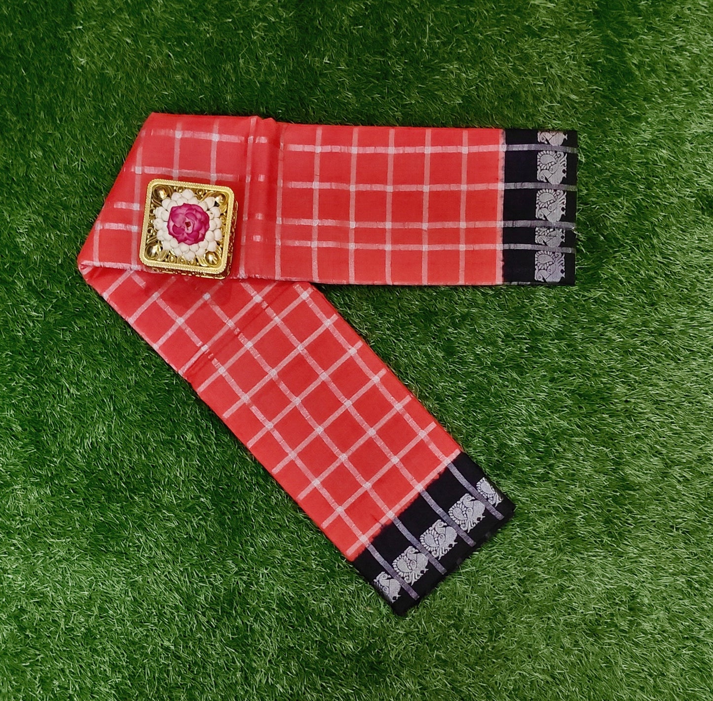 Tomato Red Pavithra Kattam Cotton Saree with Silver Checks & Contrast Dark Blue Border