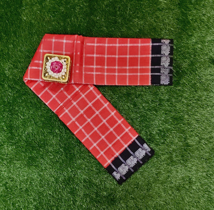 Tomato Red Pavithra Kattam Cotton Saree with Silver Checks & Contrast Dark Blue Border