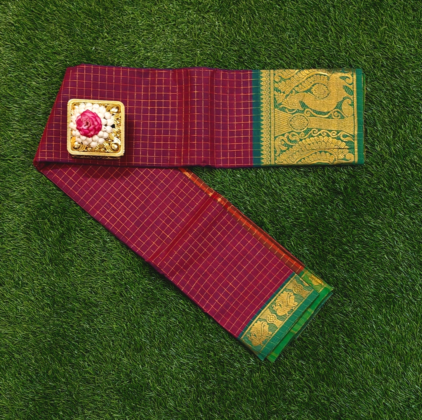 Rose Pink Chettinad Cotton Saree with Gold Zari Checks