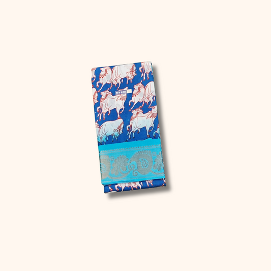 Royal Blue Cow Print Sungudi Cotton Saree with Turquoise Blue Border
