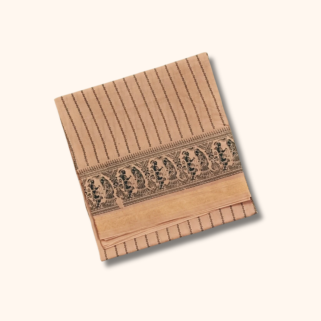 Peach Beige Folk Border Cotton Saree