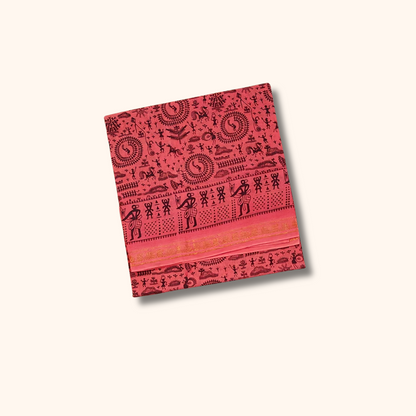 Pink Warli Print Sungudi Cotton Saree with Zari Border