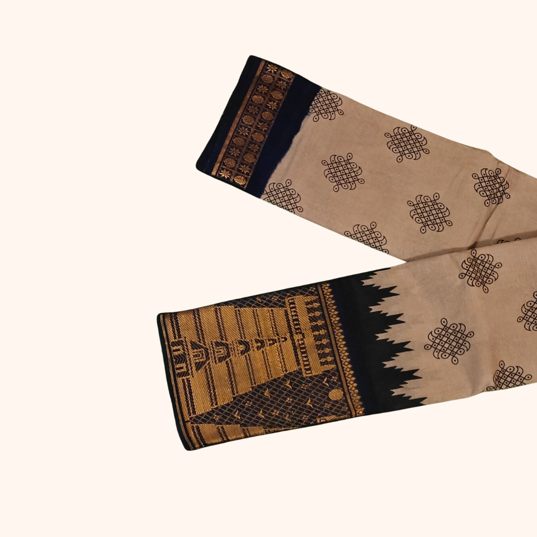 Grey Cotton Saree with Black Temple Border – Without Blouse