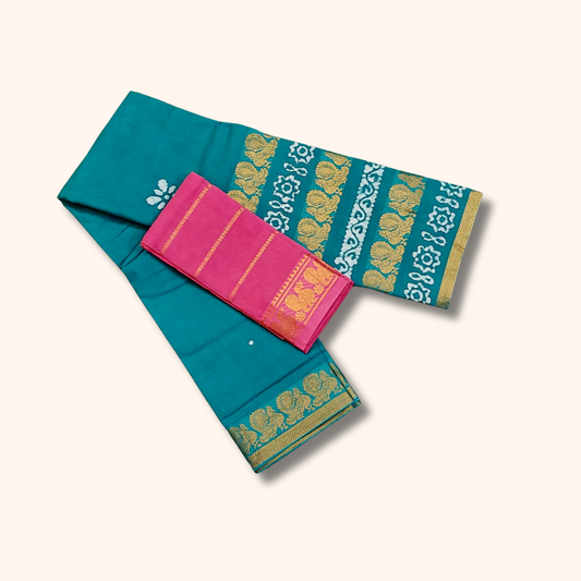 Teal and Pink Peacock Border Sungudi Cotton Saree with Separate Blouse Piece 120s Count