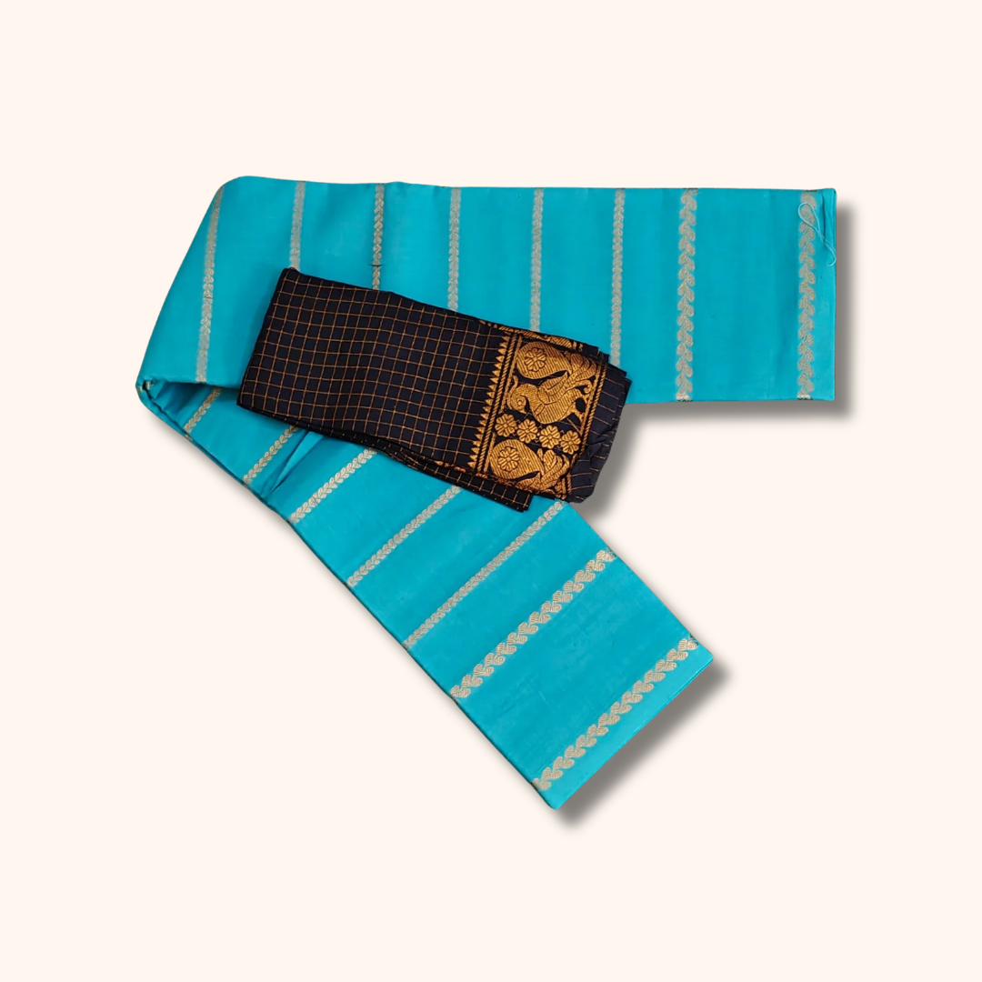 Turquoise Blue Sungudi Cotton Saree with Peacock Border Blouse