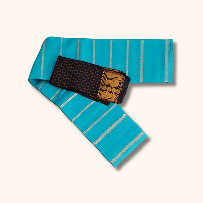 Turquoise Blue Sungudi Cotton Saree with Peacock Border Blouse