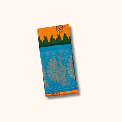 Orange Kolam Sungudi Cotton Saree with Peacock Border