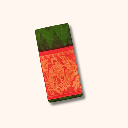 Bottle Green Cotton Saree with Paisley Motifs & Rich Coral Red Peacock Border