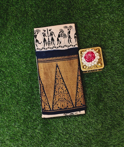Beige Printed Sungudi Cotton Saree with Navy Blue Zari Border
