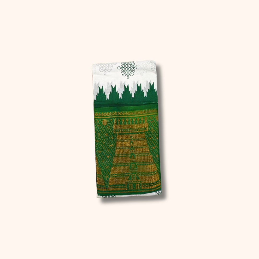White Cotton Saree with Bottle Green Temple Border – Without Blouse