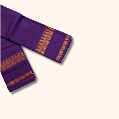 Purple Cotton Saree with Gold Zari Stripes & Traditional Border – Running Blouse