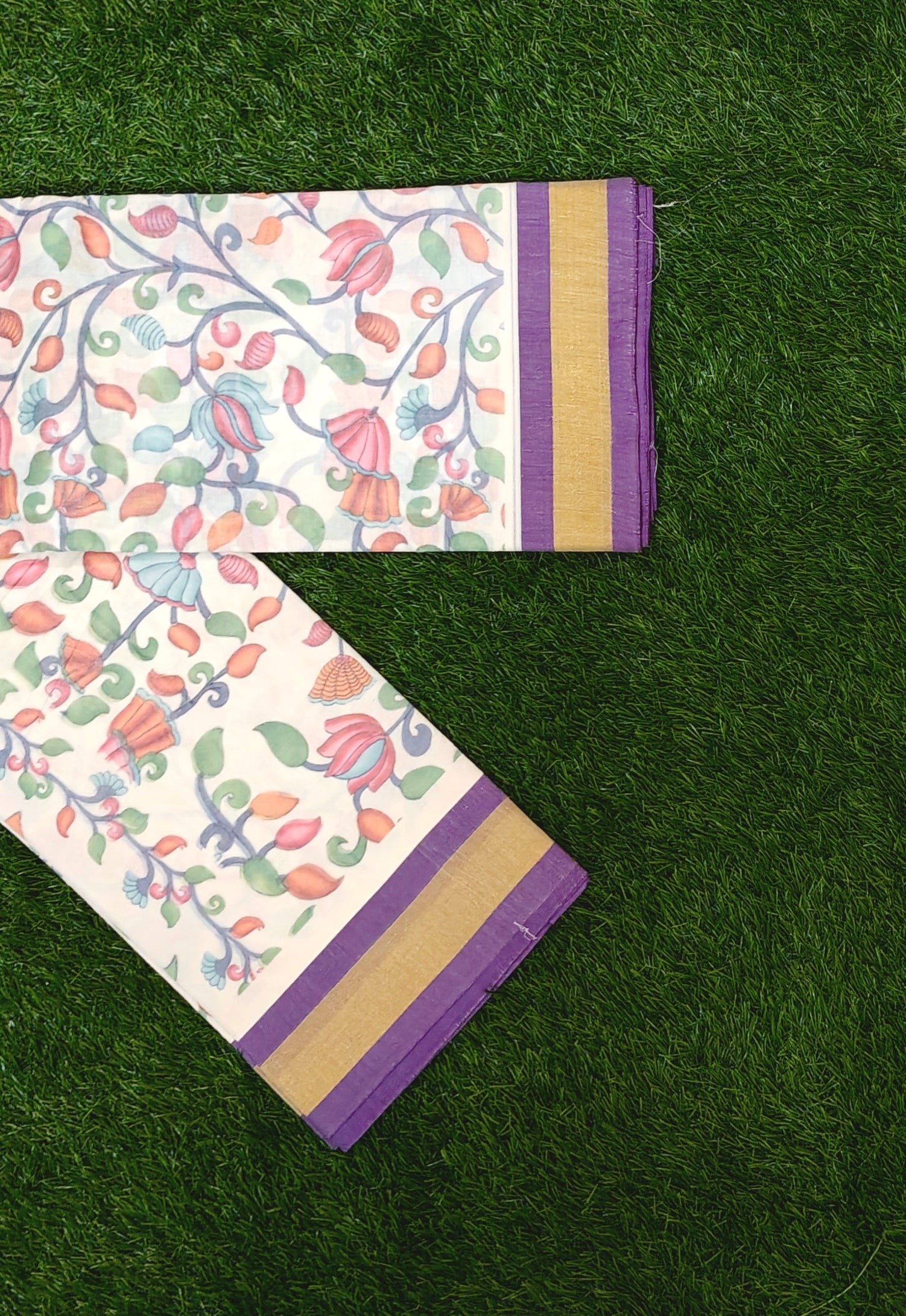 Beautiful Cotton Printed Saree with Floral Design – Off White with Purple Border