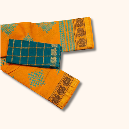 Mustard Yellow Kolam Design Cotton Saree with Teal Blue Blouse Piece