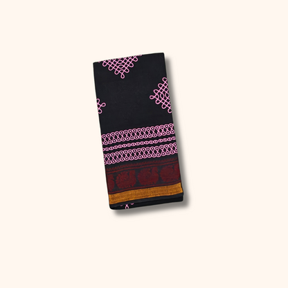 Black Kolam Print Cotton Saree with Maroon & Gold Border