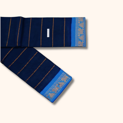 Navy Blue Sungudi Cotton Saree with Sky Blue Peacock Zari Border