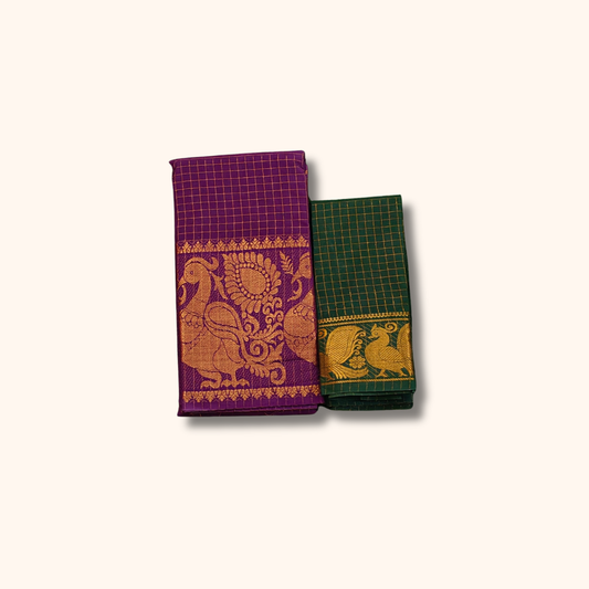 Purple Sungudi Cotton Saree with Gold Checks and Peacock Zari Border – Separate Blouse Piece Included