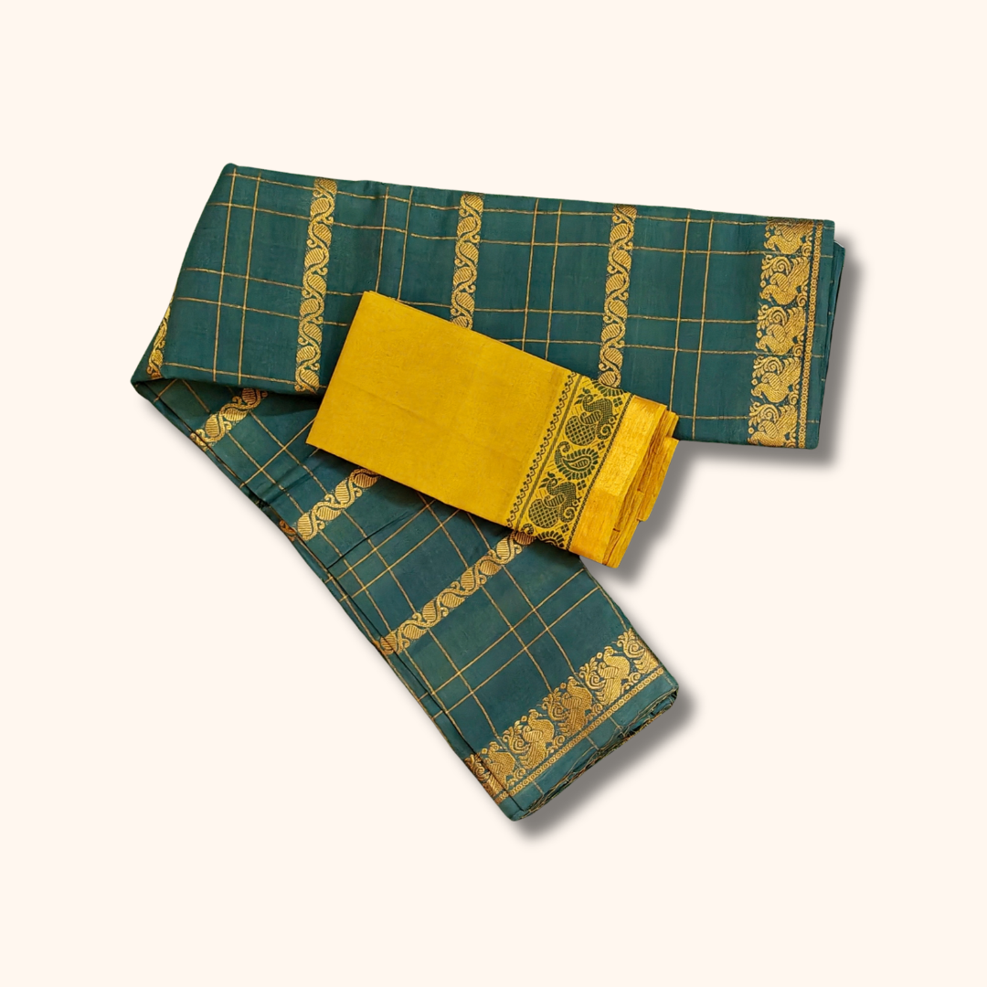 Bottle Green Checked Cotton Saree with Gold Zari & Mustard Yellow Blouse
