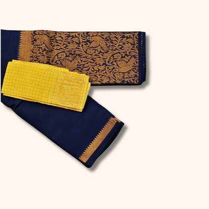 Navy Blue Vasigara Pattern Sungudi Cotton Saree with Yellow Separate Blouse Piece