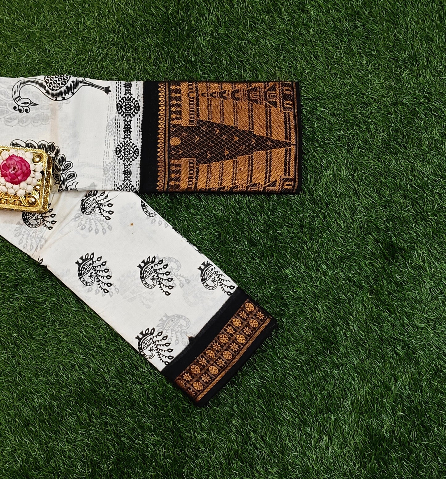 Attractive Off White Sungudi Cotton Saree with Black Motifs & Temple Zari Border
