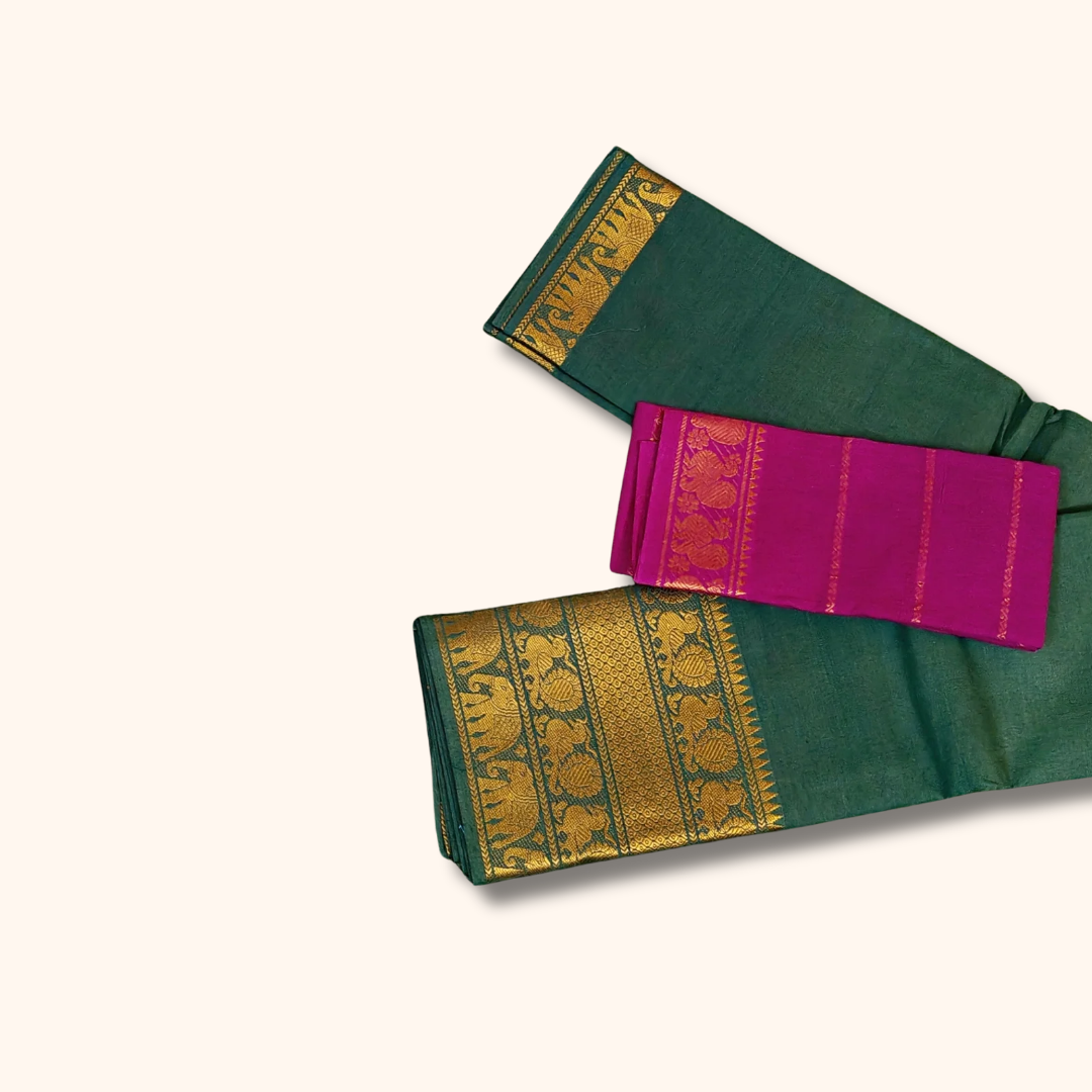 Bottle Green Pure Cotton Saree with Magenta Contrast Blouse