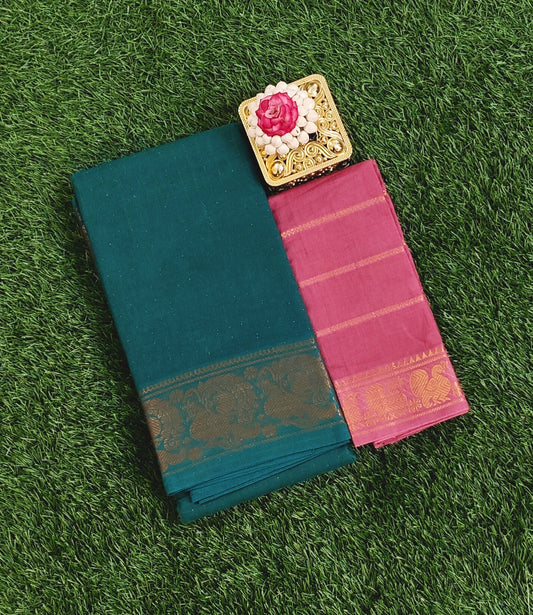Teal Green Sungudi Cotton Saree with Contrast Pink Blouse Piece