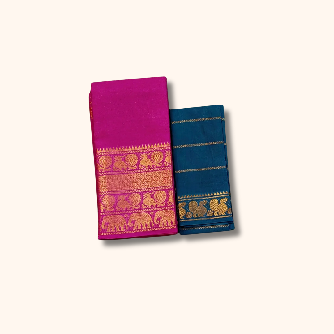 Rani Pink Pure Cotton Saree with Teal Blue Contrast Blouse