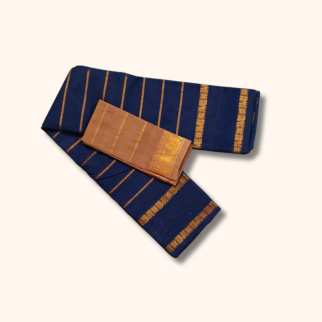 Navy Blue Pure Sungudi Cotton Saree with Gold Zari Stripes & Separate Blouse Piece