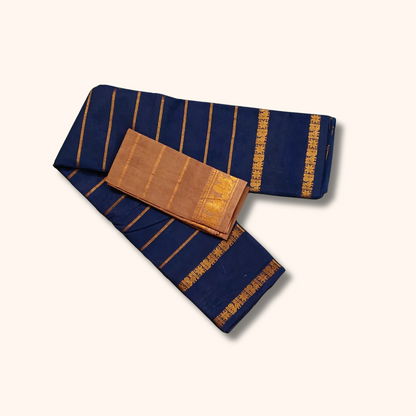 Navy Blue Pure Sungudi Cotton Saree with Gold Zari Stripes & Separate Blouse Piece